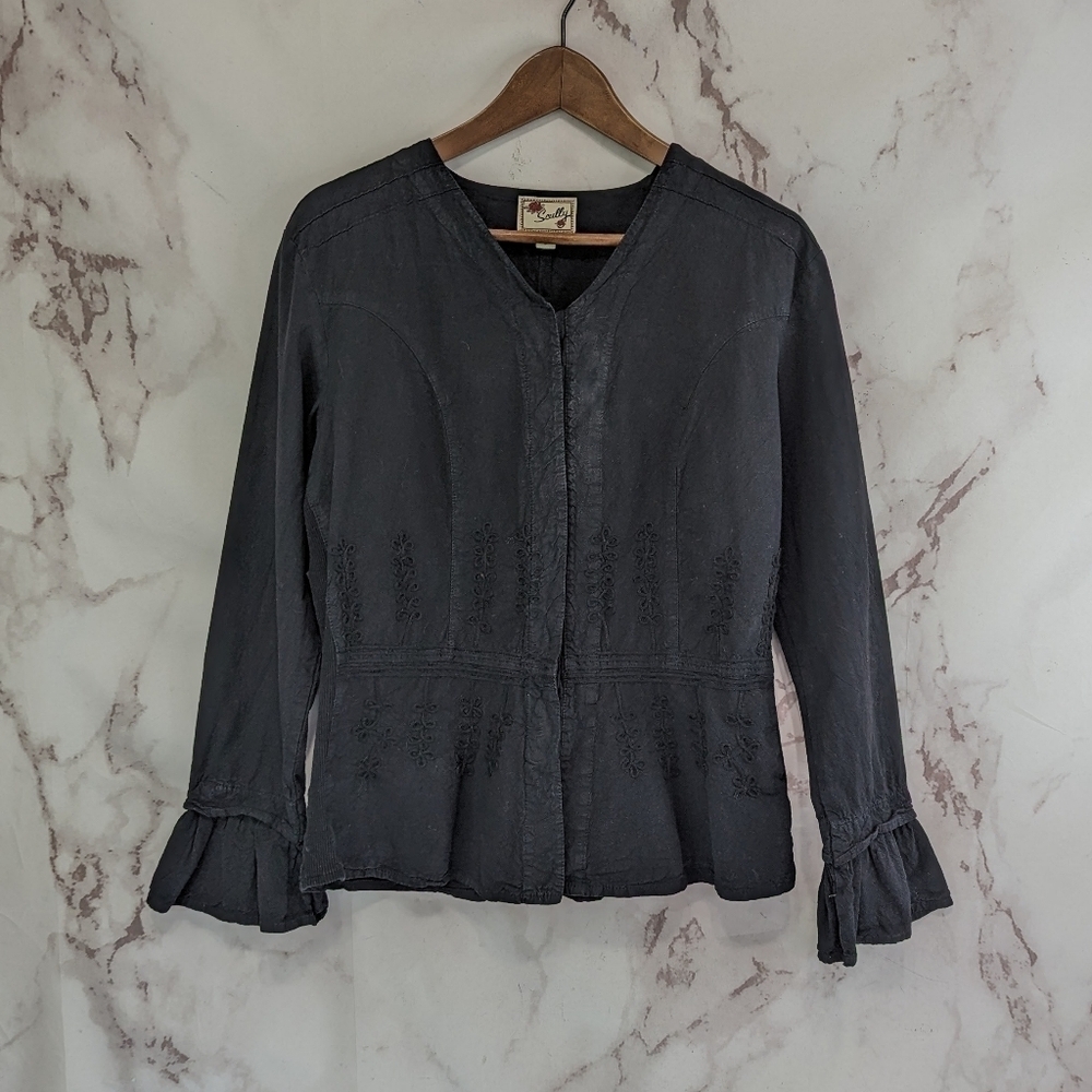 Scully Shirt Womens Large Black Button Up V Neck Ruffle Sleeve Embroidered